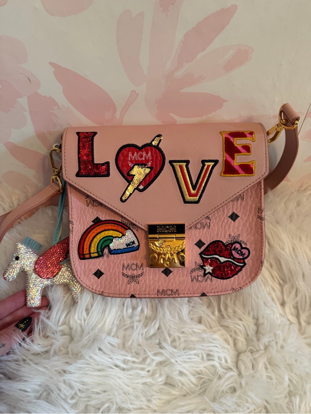 RARE MCM Pink 'LOVE' Patch Crossbody Bag w/ unbranded pony charm